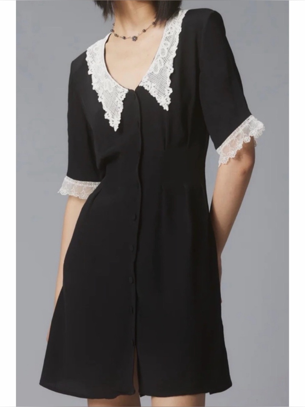 UNIF • Black/White Darcy Lace Collar Button-Down Mini Dress, S